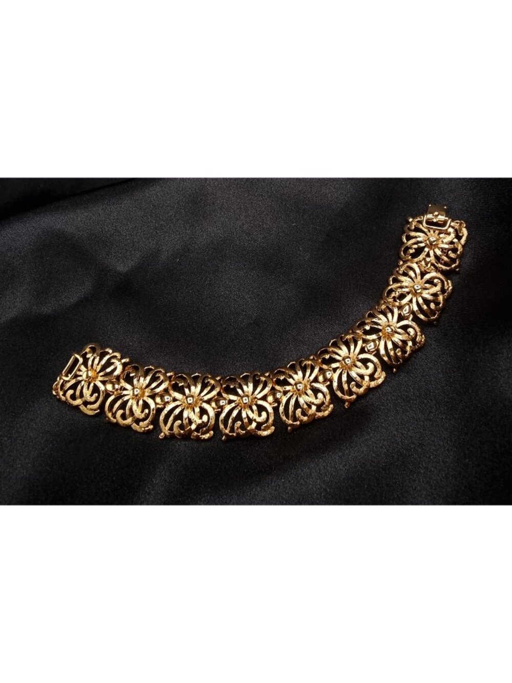 Vintage Monet Signed Gold-Tone Filigree Floral Bracelet With Secure Clasp